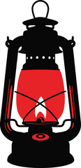 Classic black silhouette oil lantern or kerosene lamp with a glowing red glass globe, symbolizing antique lighting, traditional warmth, and vintage survival gear for camping and emergency. © Munna_SH