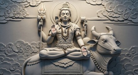 Lord Shiva Meditating on Nandi with Clouds