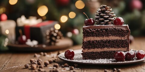 A festive chocolate cake slice topped with a pinecone and cherries- with Christmas decorations in the background on a rustic wooden table.