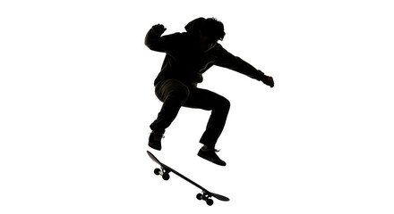 Silhouette of skateboarder doing jump trick isolated PNG with Transparent Background
