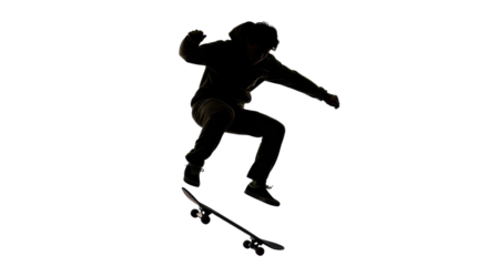 Silhouette of skateboarder doing jump trick isolated PNG with Transparent Background