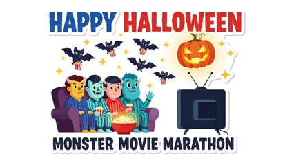 Spooky Night of Fun: A colorful Halloween-themed illustration depicts four friends nestled on a couch, engrossed in a thrilling monster movie marathon, with spooky elements in the air.