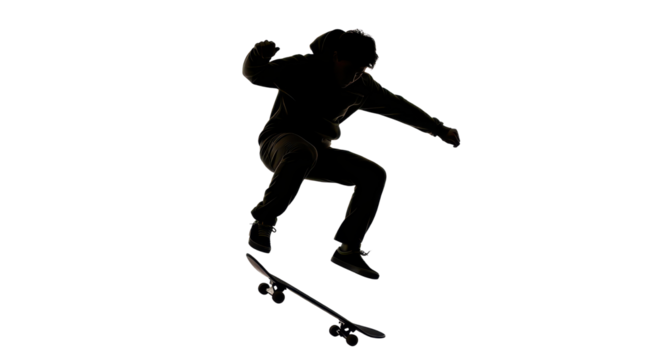 Silhouette of skateboarder doing jump trick isolated PNG with Transparent Background
