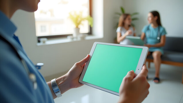 A medical professional intently studies a digital tablet, its screen a vibrant green.