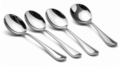A realistic stainless steel serving spoon set with polished curved heads and reflections isolated on white background
