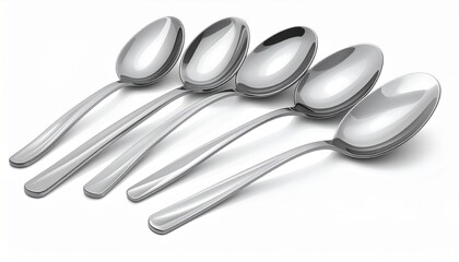A realistic stainless steel serving spoon set with polished curved heads and reflections isolated on white background
