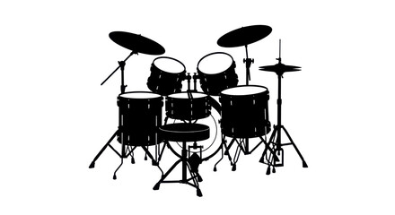 Drum set silhouette in black and white isolated PNG with Transparent Background