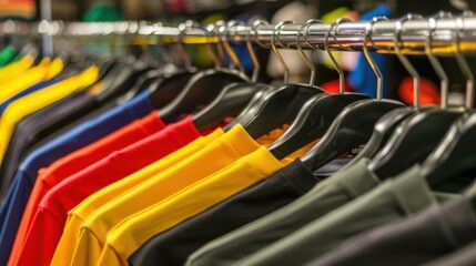 Fototapeta premium Colorful Fashion Retail: Hanging Shirts, Dresses & Apparel—From Boutique Racks to Home Closets