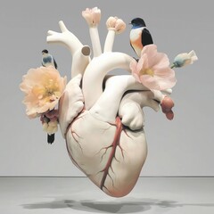 Naklejka premium Surreal Art Deco Heart Sculpture Adorned with Blossoms and Birds in Intricate Detail