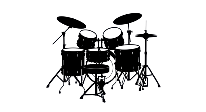Drum set silhouette in black and white isolated PNG with Transparent Background