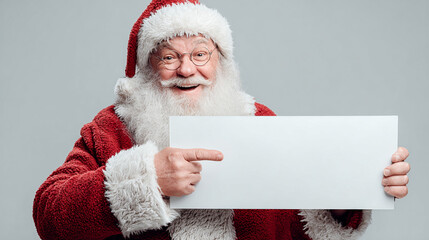 Smiling Santa Claus pointing at a blank advertising banner with space for text