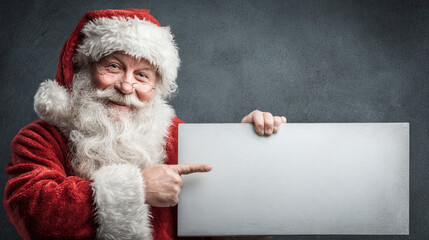 Smiling Santa Claus pointing at a blank advertising banner with space for text 