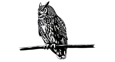 Engraved illustration of an owl on a branch isolated PNG with Transparent Background