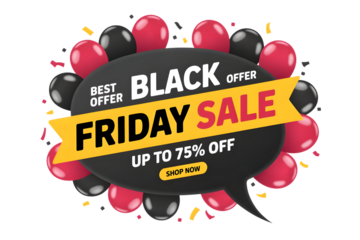 Black friday sale banner with balloons and text best offer black friday sale up to 75 off shop now isolated on transparent background