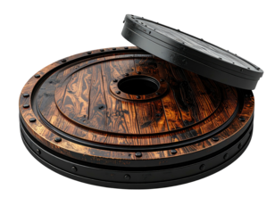 Two circular wooden discs, one layered over the other, with dark metal rims and rivets