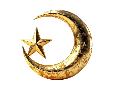 Golden crescent moon and star, textured