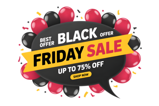 Black friday sale banner with balloons and text best offer black friday sale up to 75 off shop now isolated on transparent background