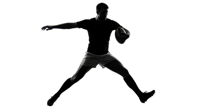 Silhouette of a rugby player jumping with a ball isolated PNG with Transparent Background