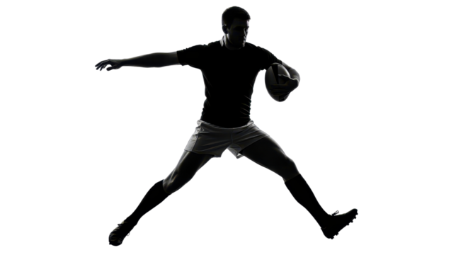 Silhouette of a rugby player jumping with a ball isolated PNG with Transparent Background - Powered by Adobe