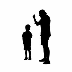 Silhouette of speech therapist helping child with pronunciation exercises isolated on white background