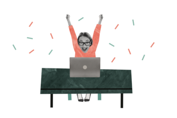 Composite photo collage of happy businesswoman sit office table success freelance deal company development isolated on painted background