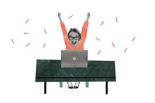 Composite photo collage of happy businesswoman sit office table success freelance deal company development isolated on painted background - Powered by Adobe