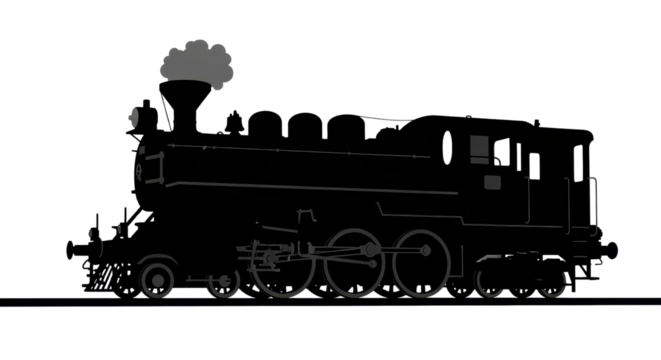 Silhouette of steam locomotive engine train isolated PNG with Transparent Background