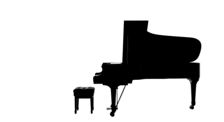 Silhouette of a grand piano and bench isolated PNG with Transparent Background