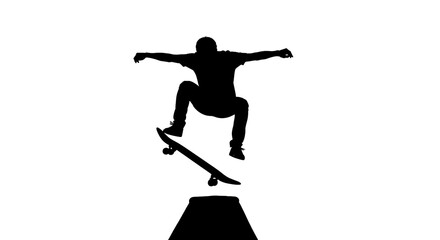 Dynamic Skateboarder Silhouette in Mid-Air Performing Trick on White Background