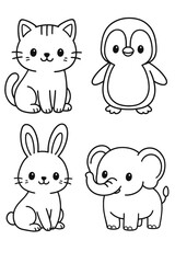 Cute animal illustration set of a cat, penguin, bunny and elephant. These adorable cartoon animals are ideal for children's design.