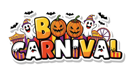Spooky Carnival Celebration: A vibrant illustration for Halloween with cute ghosts, pumpkins and a carnival theme, inviting you to a night of spooky fun!