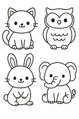 A collection of cute cartoon animals, including a cat, an owl, a rabbit and an elephant