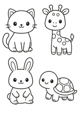 Cute Cartoon Animals: Cat, Giraffe, Rabbit, Turtle