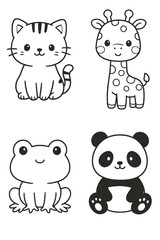 Naklejka premium Cute and adorable animal illustrations, featuring a cat, giraffe, frog, and panda. These delightful creatures are perfect for various creative projects