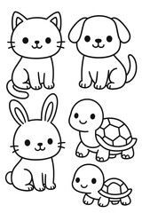 Cute collection of cartoon pets, including a cat, dog, rabbit, and turtles