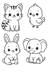 A collection of cute and charming cartoon animals. Featuring a kitten, chick, rabbit, and elephant