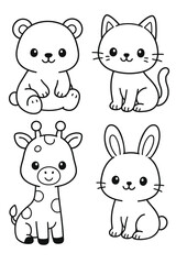 Adorable cartoon animals: bear, cat, giraffe, and rabbit. This whimsical image is perfect for a children's project.