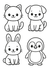 Adorable cartoon animals: cat, dog, bunny, and penguin. These cute characters are perfect for a variety of design projects.