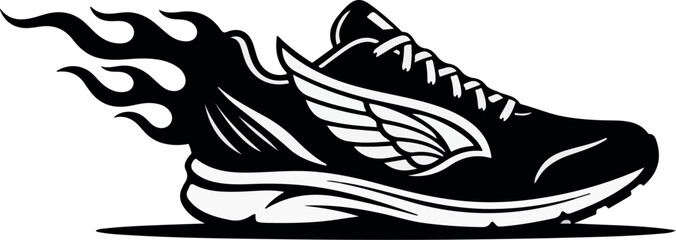 Dynamic black running shoe with fiery wings symbolizing speed and performance on white