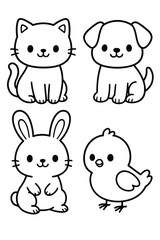 Cute illustrations of four different animals, including a cat, a dog, a bunny, and a chick. They're drawn with adorable, simplistic details