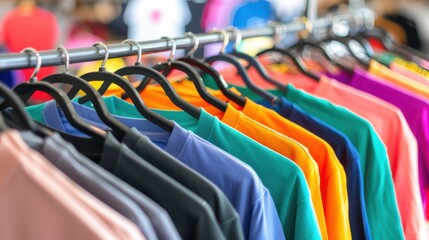 Fototapeta premium Colorful Fashion Retail: Hanging Shirts, Dresses & Apparel—From Boutique Racks to Home Closets