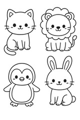 A collection of cute cartoon animals including a cat, a lion, a penguin, and a rabbit