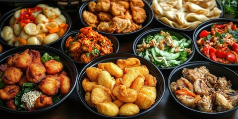 Assorted buffet dishes including fried snacks- pasta- and fresh salads- highlighting a variety of food options in a catering service.