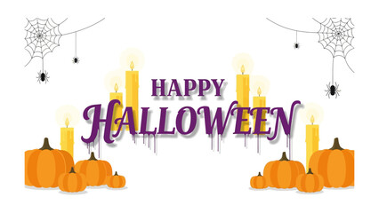 Halloween Scene: Festive illustration, candles, pumpkins and webs. This festive image captures the spirit of Halloween with pumpkins, candles, and cobwebs