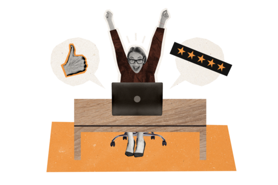 Composite photo collage of happy pretty businesswoman receive five stars rate feedback thumb up success deal isolated on painted background