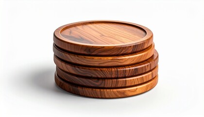A realistic wooden coasters set stacked neatly with engraved texture isolated on white background
