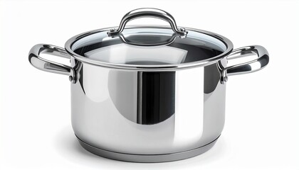 A realistic stainless steel soup pot with transparent glass lid and handles isolated on white background
