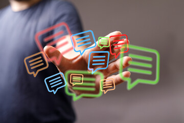 Person reaching with message bubbles. Ideal for communication, notifications, and digital...