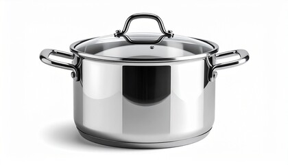 A realistic stainless steel soup pot with transparent glass lid and handles isolated on white background
