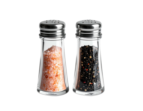 Two small glass spice jars, one filled with light orange salt, the other with dark peppercorns